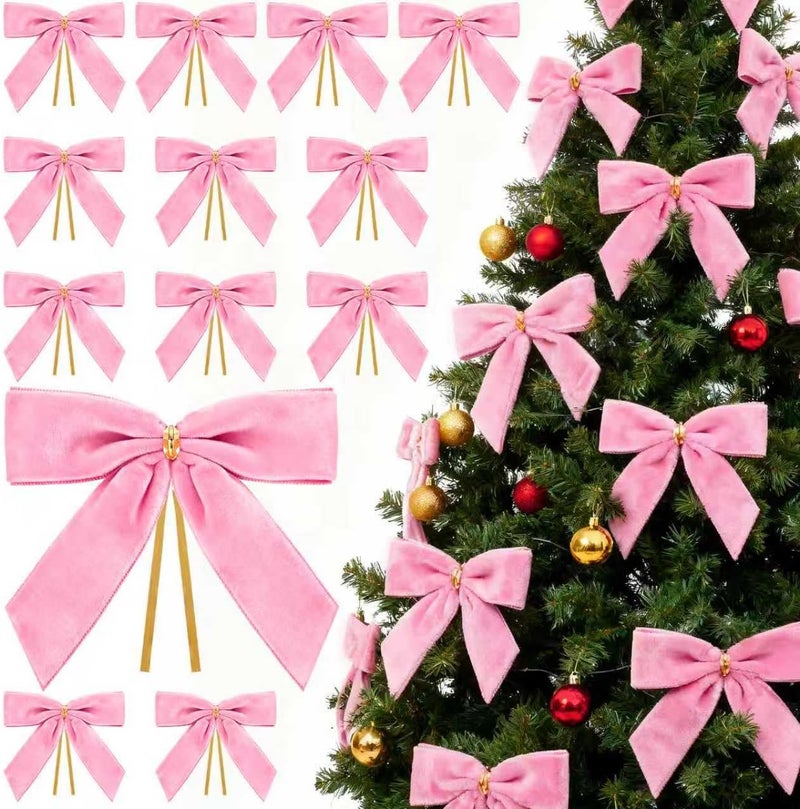 REDWORD 30PCs Pink Bows for Christmas Tree, 3.5 x 3.5 Inch Pink Velvet Bows Vintage Xmas Velvet Ribbon Bow Holiday Ornaments for Christmas Decoration Holiday Decor, Gift Wrapping and Wedding - Image 1